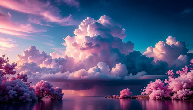 dreamy pastel clouds over serene lake with pink trees