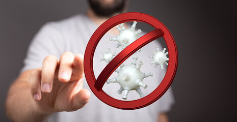 Hand pointing towards a virus illustration with a red prohibited sign. Concept for protection and prevention o