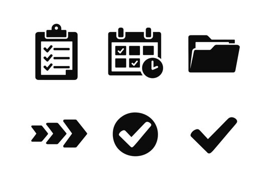 Essential icons for planning and organization in bold silhouette style