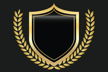 shield with gold laurels. Security and protection symbols. Golden wreath emblem graphic design. Heritage and security branding icons
