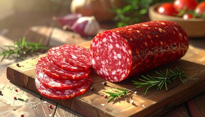 Delicious Salami on a Wooden Board with Fresh Herbs.