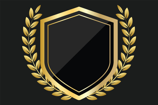 shield with gold laurels. Security and protection symbols. Golden wreath emblem graphic design. Heritage and security branding icons
