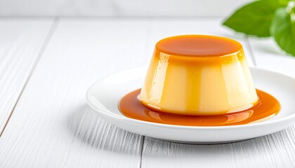 Creme Caramel Flan with Rich Sauce on White Table