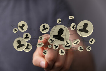 Finger touching digital interface with connected people icons, network visualization for social media. Technology concept, 144 characters