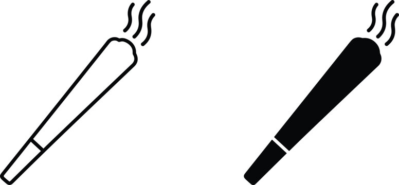 Set of hand rolled cigarette or joint icons with smoke clouds in outline and solid black styles.