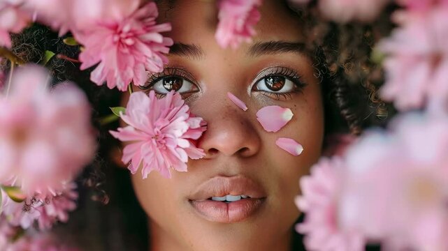 Beautiful black woman looking through pink flowers