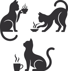Black Cat with Coffee Silhouette Icon Set &ndash; Minimal Cat Drinking Tea Vector Illustration