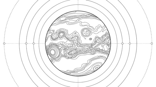A minimalist vector graphic illustration of a topographic map in a circular design