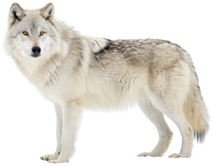Majestic, powerfully built North American gray wolf with thick, layered fur in shades of white and gray, stands in a proud, alert profile pose with intense amber, isolated on transparent background.
