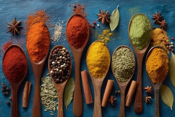 Colorful spices and herbs arranged on wooden spoons set against a blue background in a kitchen serving setting Generative AI