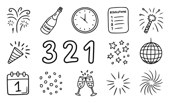 New Year celebration countdown champagne clock calendar fireworks disco ball and resolutions