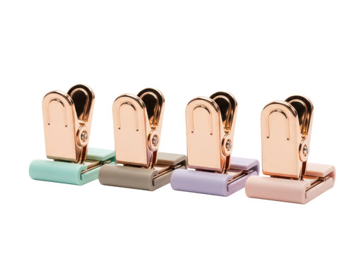 macro close-up of four pastel foldback clips (mint, taupe, lilac, blush) with polished rose gold handles, crisp shadows on a transparent background, concept of aesthetic organization and precision