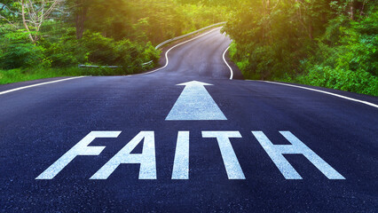 Fototapeta premium Faith and fear concept. words written on the asphalt and arrows, Inspirational Christian message of hope and belief journey with the word faith. not ai
