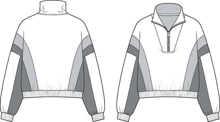 Pullover jacket technical sketch, color-block design with half zip and high collar, flat vector illustration, fashion garment template © MDSHISHIRHASAN