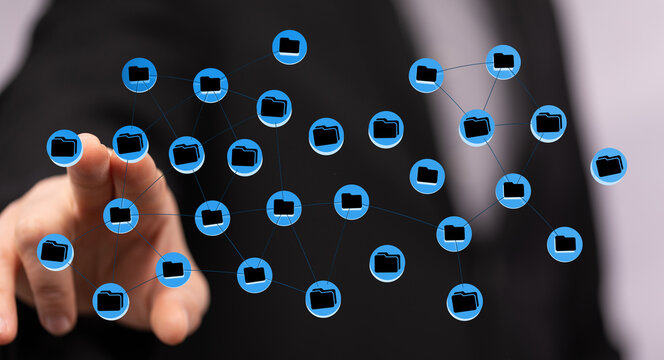 Hand interacting with digital network of folders. Data storage, cloud computing, connection and online security - Powered by Adobe