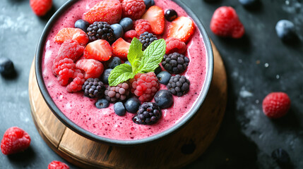 Smoothie bowl topped with fresh berries served in a bowl on a dark surface with scattered berries around