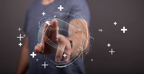 Hand touching digital globe symbolizing global network, communication and connection. Concept of innovation, technology, and futuristic interfac