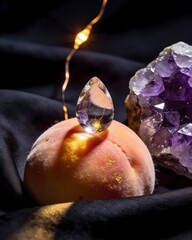 Macro Still Life of Velvet Peach, Amethyst and Water Droplet