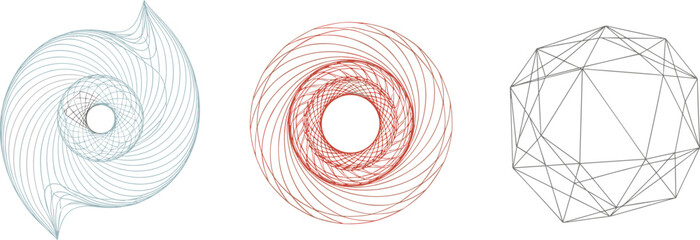 Abstract geometric vector shapes collection, blue spiral spirograph, red circular swirl, grey polygonal wireframe, modern technical design elements isolated on white background. © Sajib