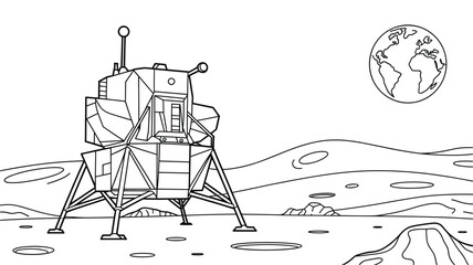 A minimalist line art illustration of a lunar module on the moon's surface with the Earth in the background.