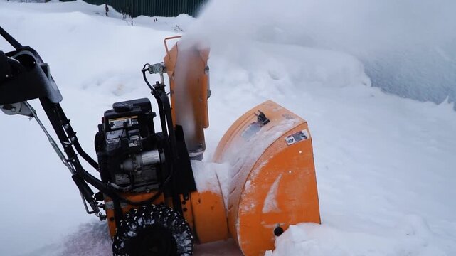 A portable snow blower powered by gasoline. Snow removal in winter.