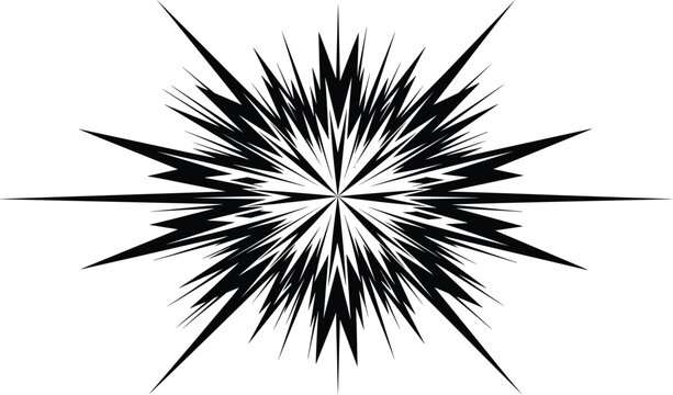 abstract black white starburst explosion vector background, dynamic sharp spikes radial burst design, comic energy effect illustration for posters branding graphics