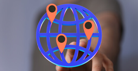 Hand interacts with a 3D globe showing multiple location points. Perfect for global business, technology, and connection concepts.