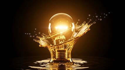 Glowing Incandescent Lightbulb Splashing Golden Liquid Against Dark Background illuminated