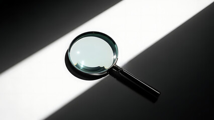 Magnifying glass on a white surface with dramatic diagonal shadow and light beam lens tool
