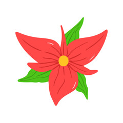 Bright Red Hibiscus Flower Blossom With Leaves