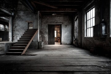 Exploring an abandoned factory interior with mood tones and structured elements through the empty space Generative AI