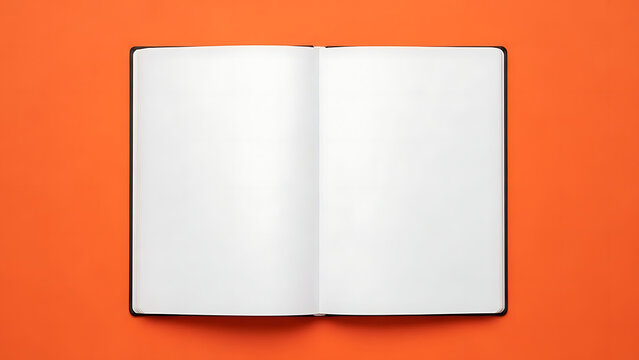 Open blank white notebook with black cover on vibrant orange background pages