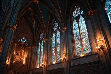Obraz premium Cathedral with glowing stained glass during evening light shows intricate designs and bright colors Generative AI