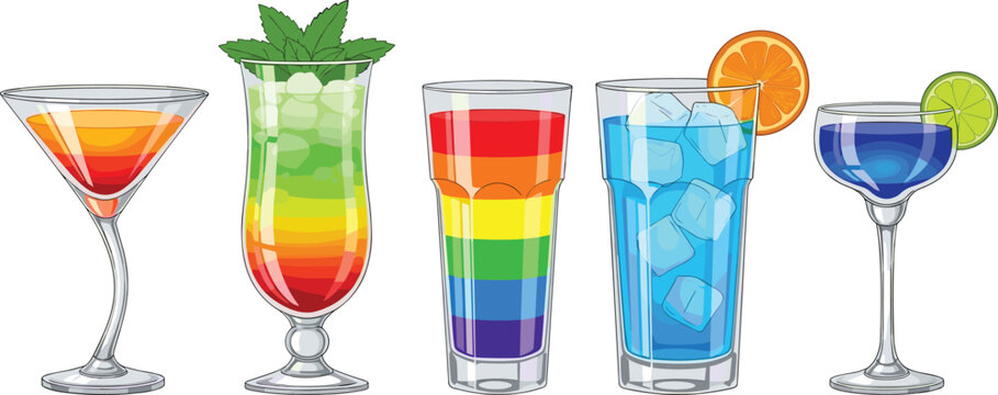 Colorful summer cocktail drink collection with tropical fruit garnish and rainbow layers isolated on white background for beach bar party menu design,