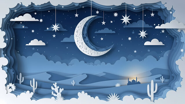 Paper cut night landscape with crescent moon and stars