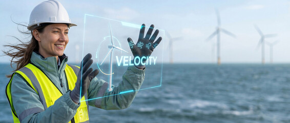 Offshore wind engineer interacting with futuristic velocity holographic interface display at sea