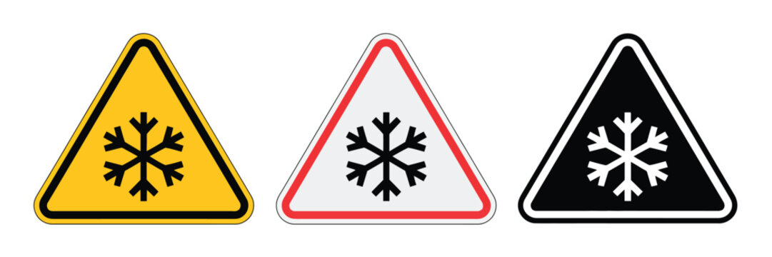 Cold warning signs collection silhouette flat icon design element, professional safety icons representing freezing temperatures, cold storage risks, winter hazards, and temperature warning 