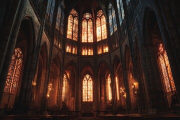 Obraz premium Cathedral interior with stained glass windows during sunset in a historic location Generative AI