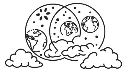 Fototapeta premium A minimalist vector illustration of overlapping globes and clouds in a simple line art style