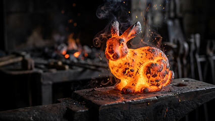 Fiery rabbit sculpture glowing in blacksmith workshop with sparks  