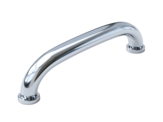 Plain metal drawer pull handle with mounting screws and crisp reflections, isolated on transparent background.
