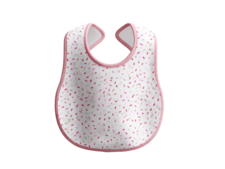 White baby bib made of soft fabric with a pink sprinkles pattern and fine textile detail, isolated on transparent background.
