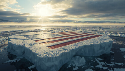 American flag on melting iceberg at sunrise with cloudy sky