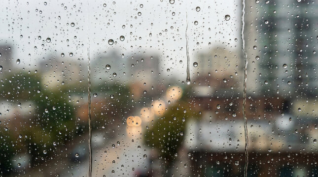Rain droplets on window with blurred city view in background   - Powered by Adobe