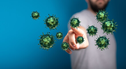 Illustration of a man pointing at a collection of floating viruses, representing disease, pandemic, and health