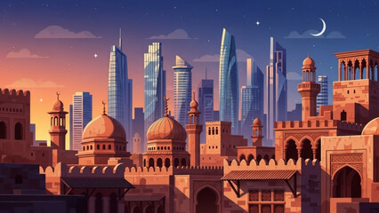 Obraz premium Middle Eastern Cityscape with Mosques and Skyscrapers at Sunset, Islamic Architecture, Modern Metropolis and Crescent Moon, Stars, Digital Art, Fantasy City