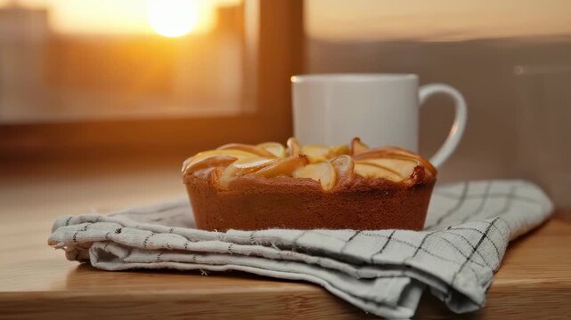 A freshly baked apple cake sits on a wooden table next to a white cup, as sunlight pours in from the window. The warm glow of the scene highlights the delicious apple cake and cup.