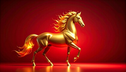 A majestic golden horse with flowing mane and tail on red background. The horse embodies power and elegance. 