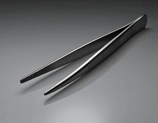 Close-up of stainless steel tweezers on a gray surface.