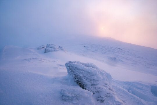 View of snow blankets the rugged terrain, kissed by a soft, ethereal light filtering through the dense mist, creating a serene winter landscape, Nizke Tatry, Zilina Region, Slovakia.
